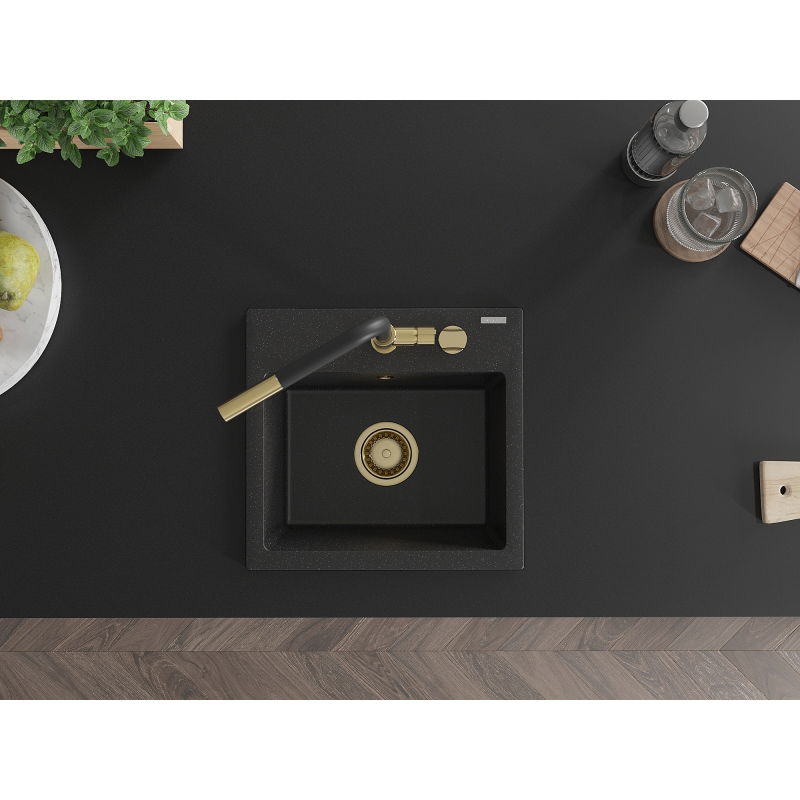 Mexen Milo jednokomorový granitový dřez s kuchyňskou baterií Flora, černý/stříbrný metalický - 6505-73-670401-57-G