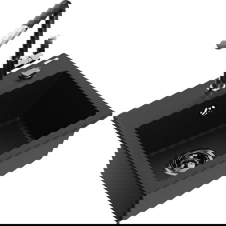 Mexen Milo granitový dřez 1-komorový s kuchyňskou baterií Flora, černý - 6505-77-670401-07-B