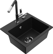 Mexen Milo granitový dřez 1-komorový s kuchyňskou baterií Flora, černý - 6505-77-670401-07-B