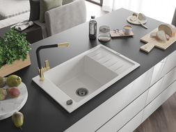 Mexen Elias granitový dřez s 1 komorou, odkapávačem a kuchyňskou baterií Flora, bílý - 6511-20-670401-57-B