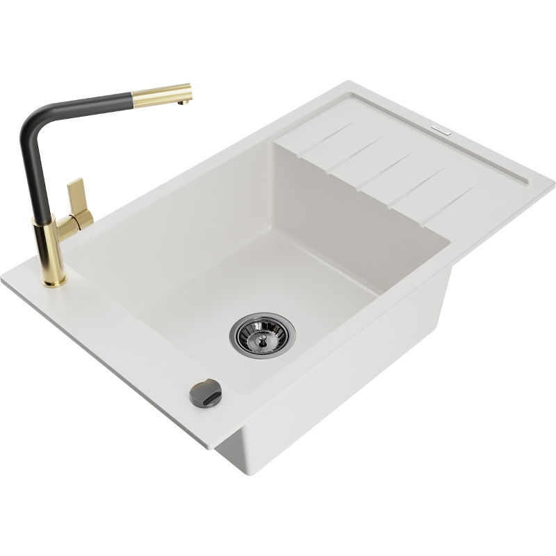 Mexen Elias granitový dřez s 1 komorou, odkapávačem a kuchyňskou baterií Flora, bílý - 6511-20-670401-57-B