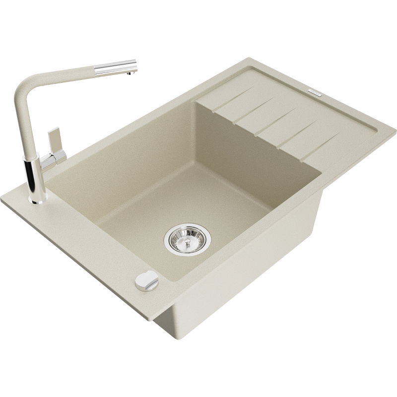 Mexen Elias granitový dřez s 1 komorou a odkapávačem a kuchyňskou baterií Flora, béžový - 6511-69-670401-09