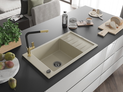 Mexen Elias granitový dřez s 1 komorou s odkapávačem a kuchyňskou baterií Flora, béžový - 6511-69-670401-57-B