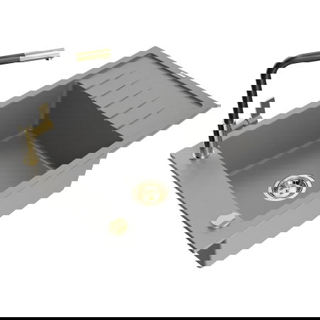 Mexen Elias granitový kuchyňský dřez 1-komorový s odkapávačem a kuchyňskou baterií Flora, šedý - 6511-71-670401-57-G