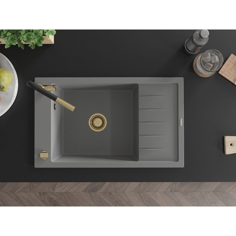 Mexen Elias granitový kuchyňský dřez 1-komorový s odkapávačem a kuchyňskou baterií Flora, šedý - 6511-71-670401-57-G