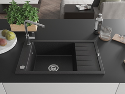 Mexen Elias granitový dřez 1-komorový s odkapávačem a kuchyňská baterie Flora, černý/stříbrný metalík - 6511-73-670401-00