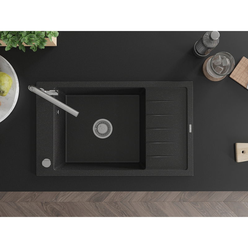 Mexen Elias granitový dřez 1-komorový s odkapávačem a kuchyňská baterie Flora, černý/stříbrný metalík - 6511-73-670401-00