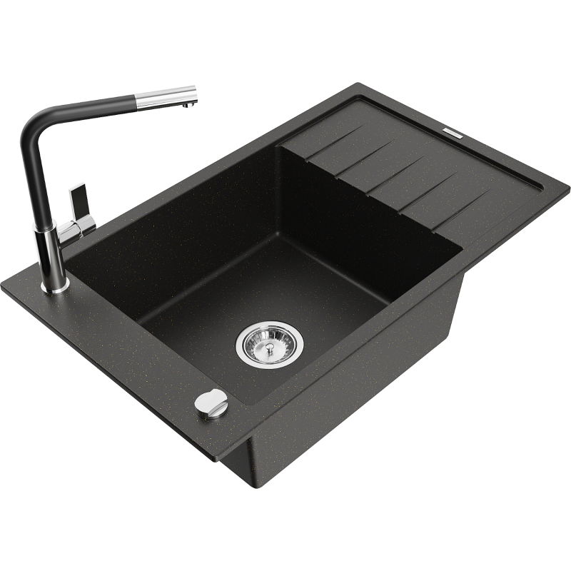 Mexen Elias granitový dřez s 1 komorou, odkapávačem a kuchyňskou baterií Flora, černý/zlatý metalik - 6511-75-670401-07