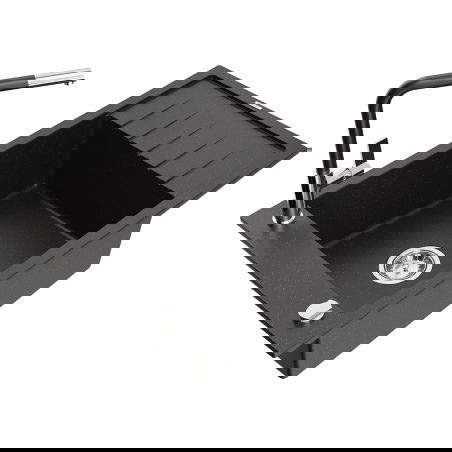 Mexen Elias granitový dřez s 1 komorou, odkapávačem a kuchyňskou baterií Flora, černý/zlatý metalik - 6511-75-670401-07