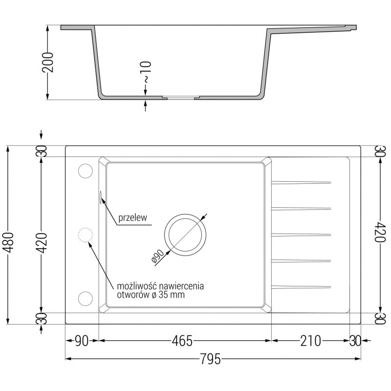 Mexen Elias granitový dřez s 1 komorou, odkapávačem a kuchyňskou baterií Flora, černý/zlatý metalik - 6511-75-670401-07