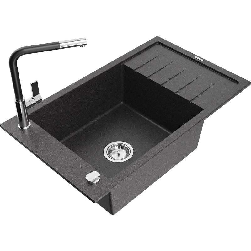 Mexen Elias granitový dřez 1-komorový s odkapávačem a kuchyňskou baterií Flora, černý skvrnitý - 6511-76-670401-07