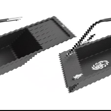 Mexen Elias granitový dřez 1-komorový s odkapávačem a kuchyňskou baterií Flora, černý skvrnitý - 6511-76-670401-07