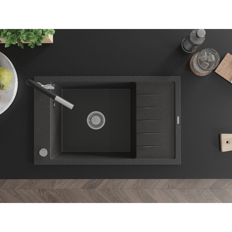 Mexen Elias granitový dřez 1-komorový s odkapávačem a kuchyňskou baterií Flora, černý skvrnitý - 6511-76-670401-07