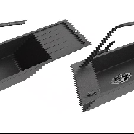 Mexen Elias granitový dřez 1-komorový s odkapávačem a kuchyňskou baterií Flora, černý skvrnitý - 6511-76-670401-70-B