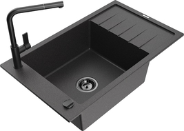 Mexen Elias granitový dřez 1-komorový s odkapávačem a kuchyňskou baterií Flora, černý skvrnitý - 6511-76-670401-70-B