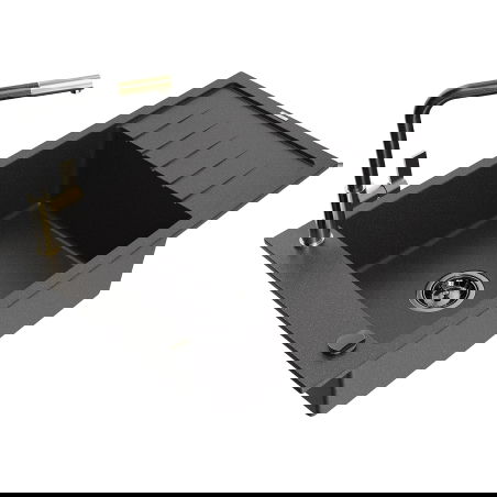 Mexen Elias granitový dřez s 1 komorou s odkapávačem a kuchyňskou baterií Flora, černý tečkovaný - 6511-76-670401-75-B