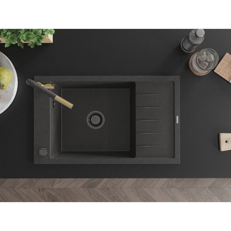 Mexen Elias granitový dřez s 1 komorou s odkapávačem a kuchyňskou baterií Flora, černý tečkovaný - 6511-76-670401-75-B