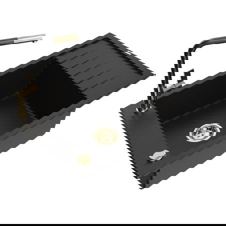 Mexen Elias granitový dřez 1-komorový s odkapávačem a kuchyňskou baterií Flora, černý - 6511-77-670401-57-G