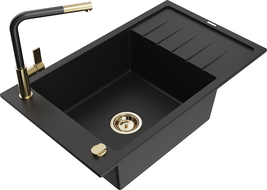 Mexen Elias granitový dřez 1-komorový s odkapávačem a kuchyňskou baterií Flora, černý - 6511-77-670401-57-G
