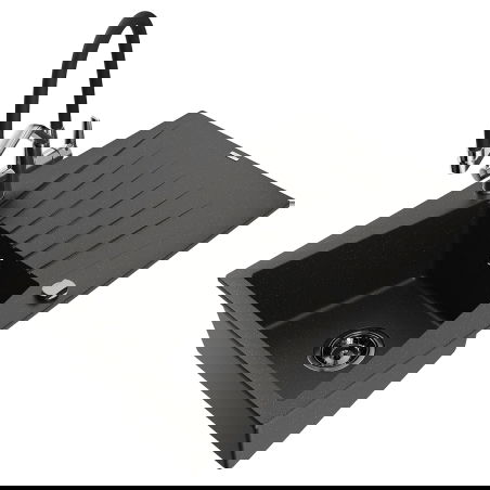 Mexen Cesar granitový kuchyňský dřez s odkapávačem a kuchyňskou baterií Duo, černý/zlatý metalik