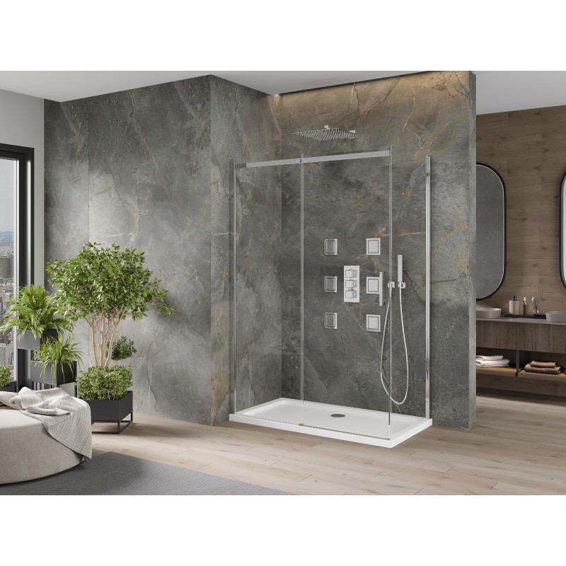 Mexen Omega posuvná sprchová kabina 140 x 70 cm, transparentní, chrom + sprchová vanička Flat - 825-140-070-01-00-4010