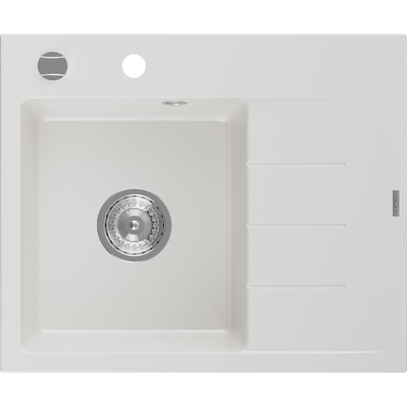 Mexen Ben Granitový dřez s jednou komorou a odkapávačem, levý 600 x 500 mm, bílý, chromový sifon - 6522605000-20