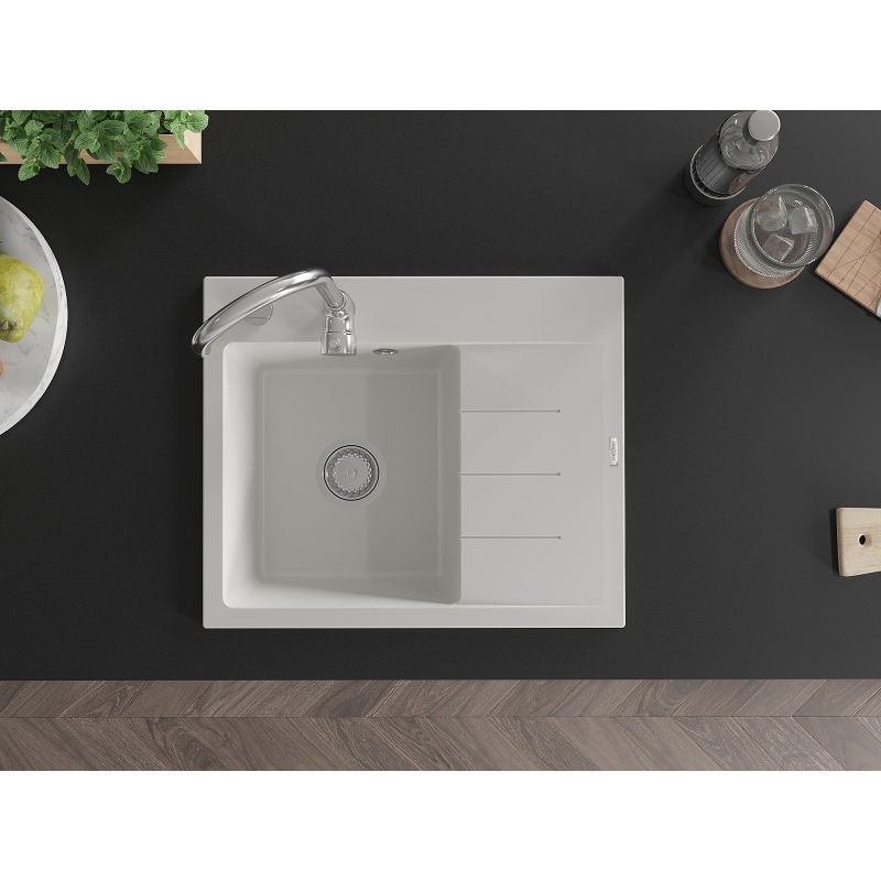 Mexen Ben Granitový dřez s jednou komorou a odkapávačem, levý 600 x 500 mm, bílý, chromový sifon - 6522605000-20
