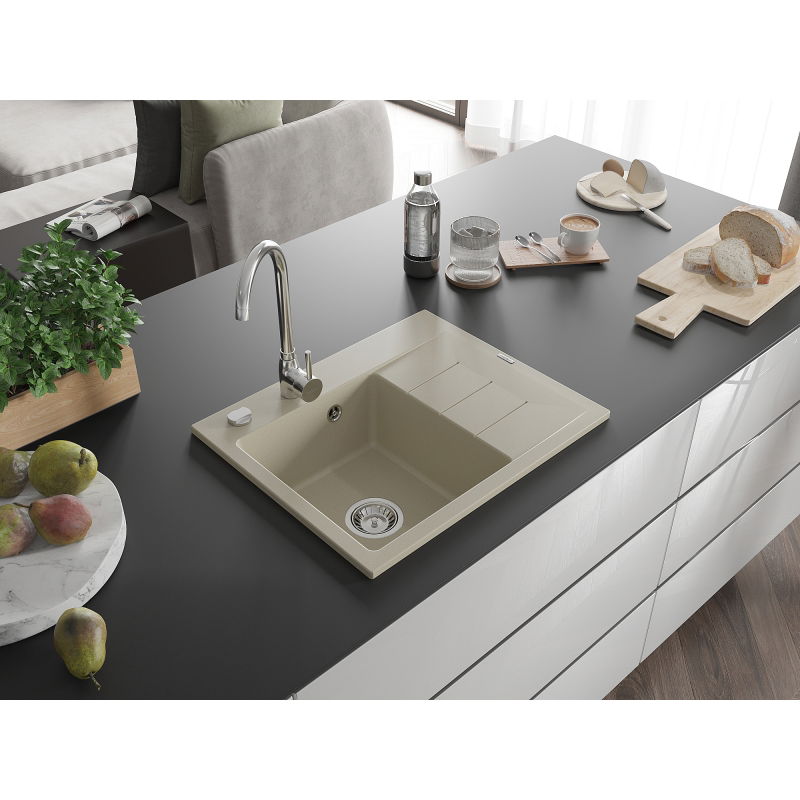 Mexen Ben granitový dřez 1-komorový s odkapávačem, levý 600 x 500 mm, béžový, sifon chrom - 6522605000-69