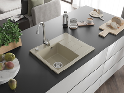 Mexen Ben granitový dřez 1-komorový s odkapávačem, levý 600 x 500 mm, béžový, sifon chrom - 6522605000-69