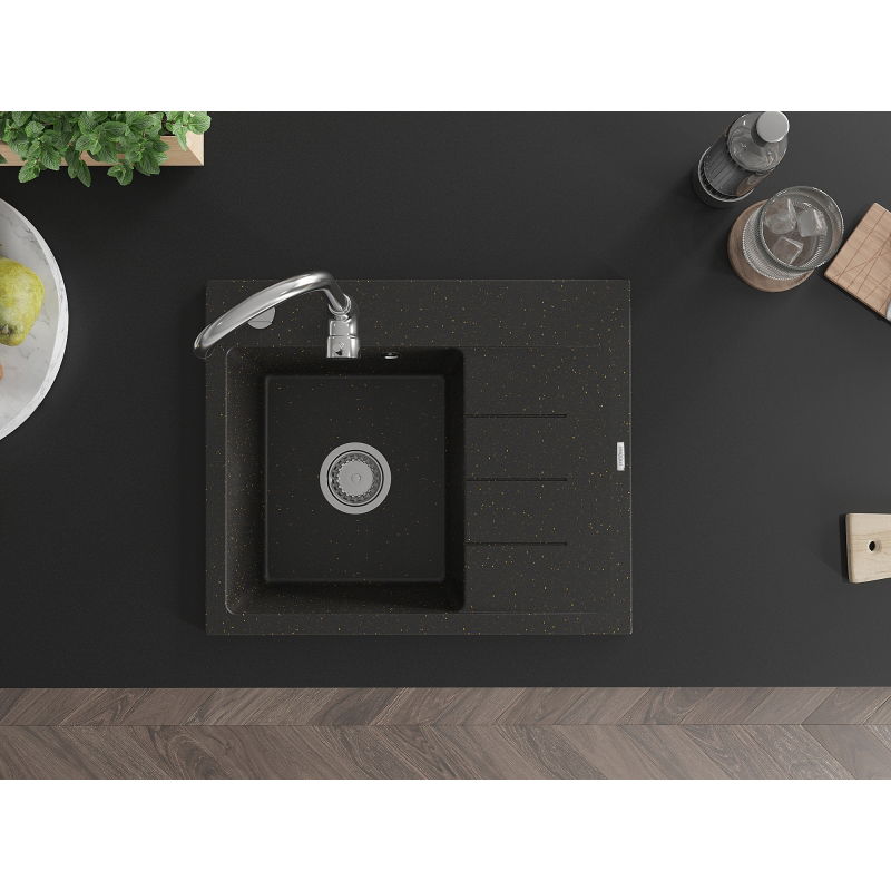 Mexen Ben granitový kuchyňský dřez s jednou komorou a odkapávací plochou, levý 600 x 500 mm, černý/zlatý metalický,