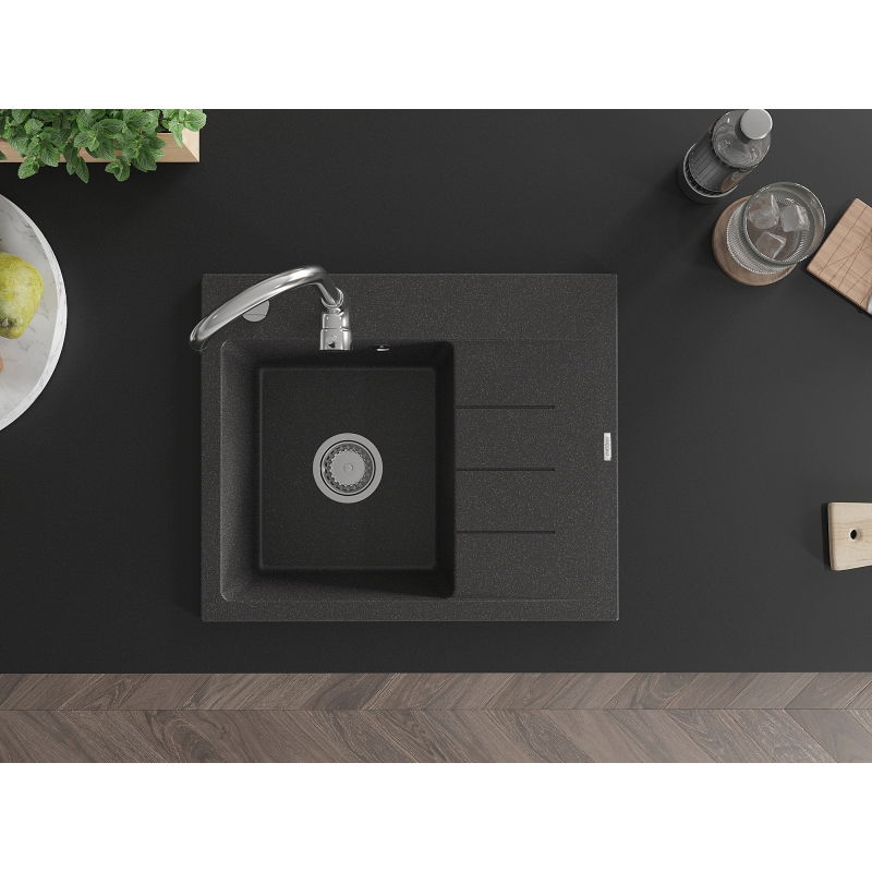 Mexen Ben granitový dřez s jednou komorou a odkapávačem, levý 600 x 500 mm, černý s tečkami, sifon chrom - 6522605000-76
