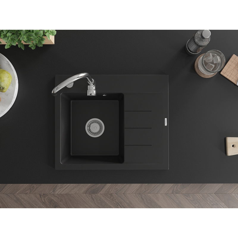 Mexen Ben granitový dřez 1-komorový s odkapávačem, levý 600 x 500 mm, černý, sifon chrom - 6522605000-77