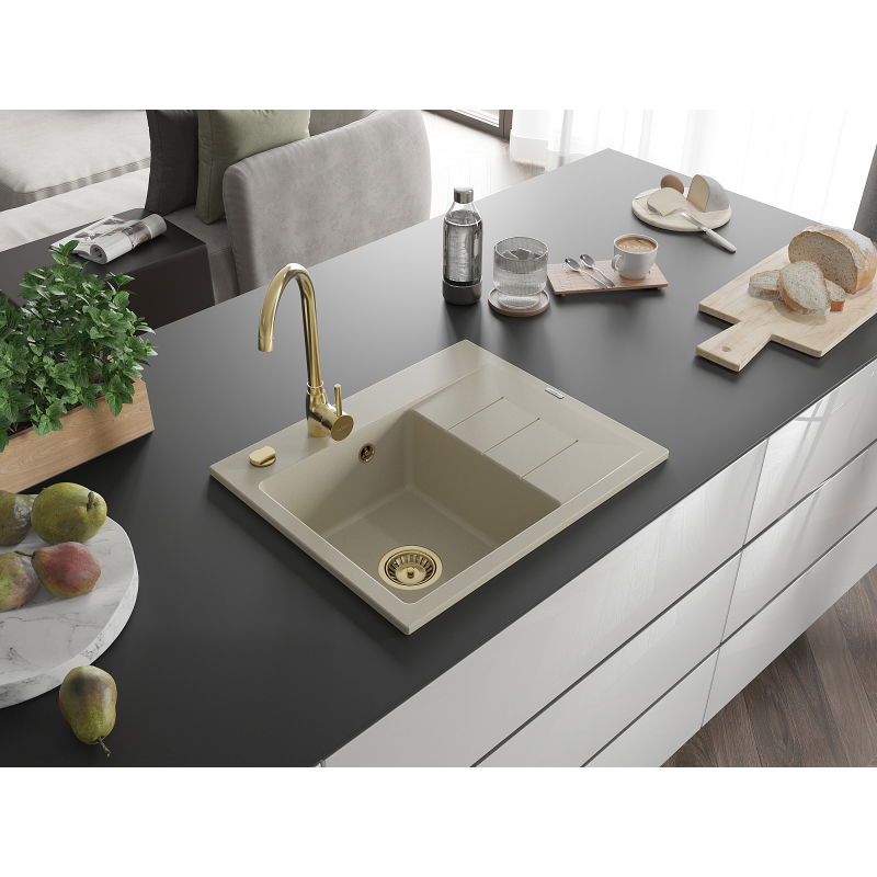 Mexen Ben granitový dřez s odkapávačem, levý 600 x 500 mm, béžový, zlatý sifon - 6522605000-69-G