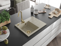 Mexen Ben granitový dřez s odkapávačem, levý 600 x 500 mm, béžový, zlatý sifon - 6522605000-69-G