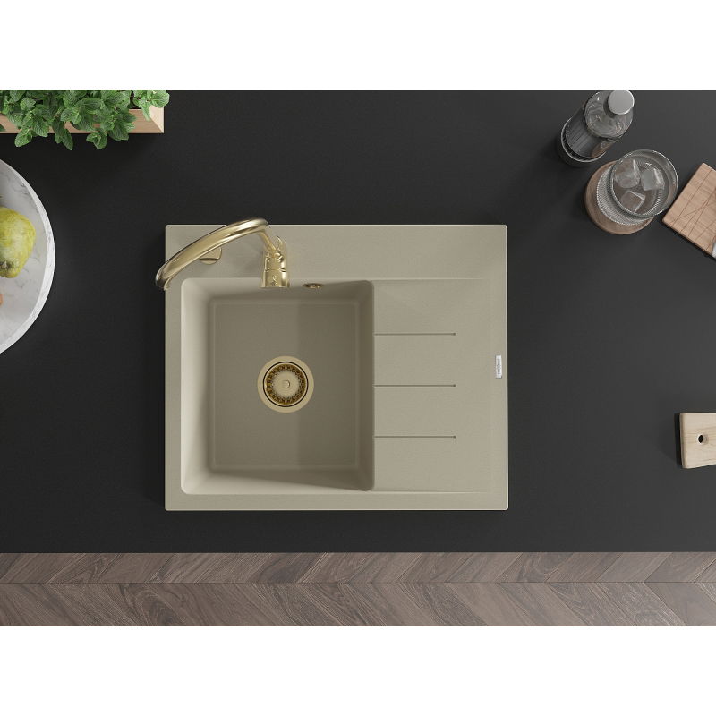 Mexen Ben granitový dřez s odkapávačem, levý 600 x 500 mm, béžový, zlatý sifon - 6522605000-69-G