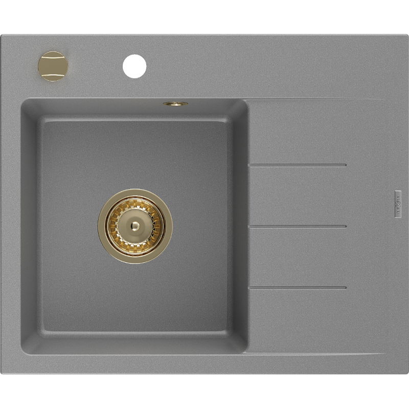 Mexen Ben granitový dřez s 1 komorou a odkapávačem, levý 600 x 500 mm, šedý, zlatý sifon - 6522605000-71-G