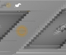 Mexen Ben granitový dřez s 1 komorou a odkapávačem, levý 600 x 500 mm, šedý, zlatý sifon - 6522605000-71-G