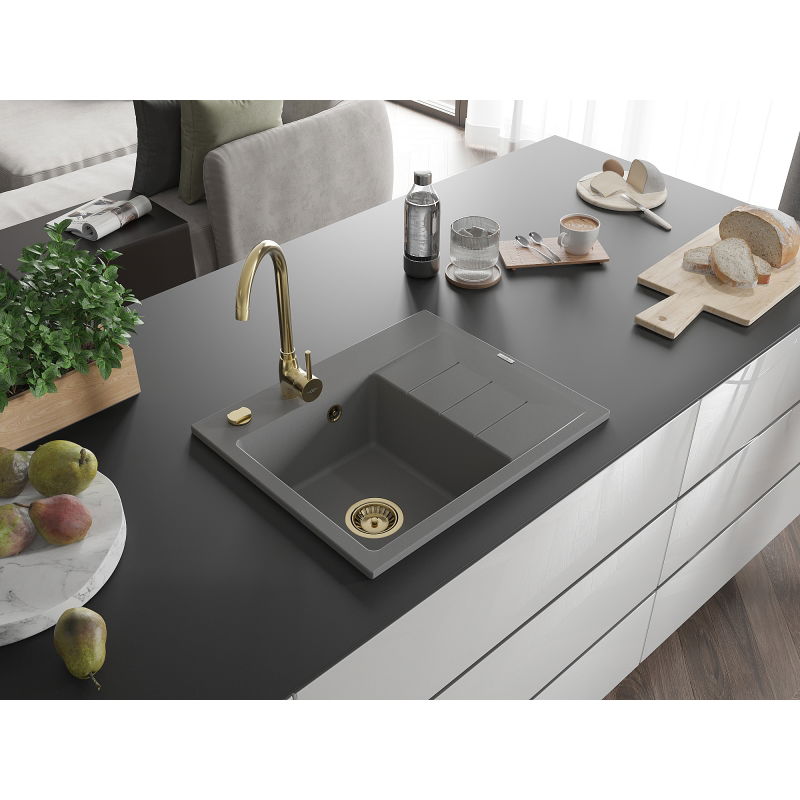 Mexen Ben granitový dřez s 1 komorou a odkapávačem, levý 600 x 500 mm, šedý, zlatý sifon - 6522605000-71-G