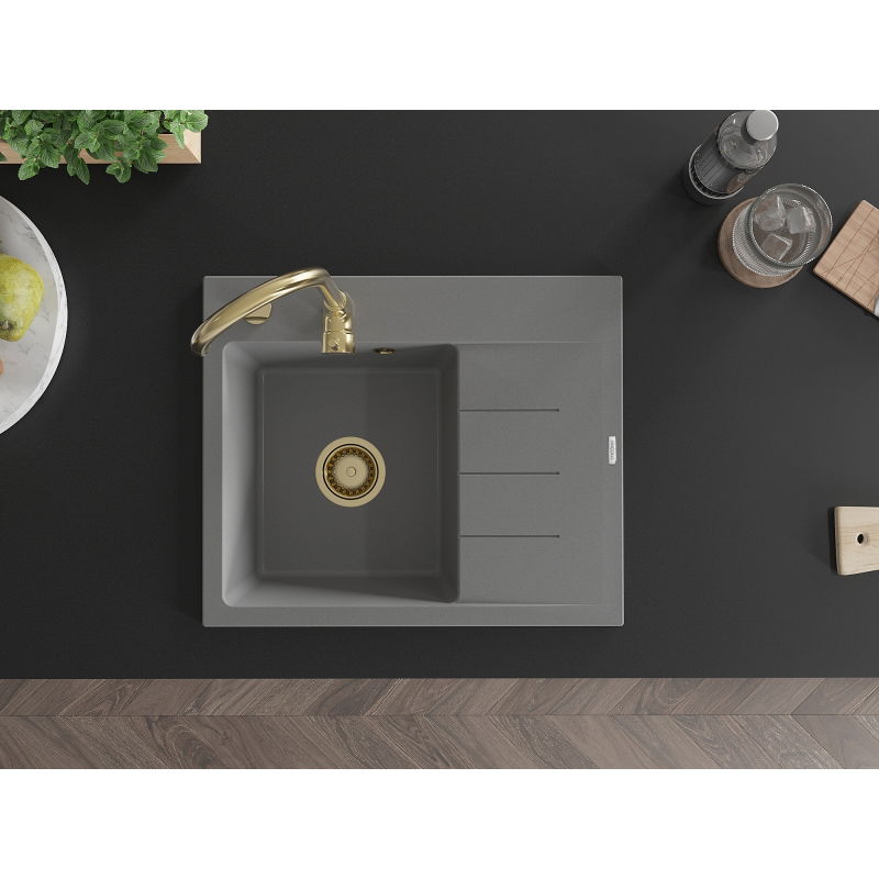 Mexen Ben granitový dřez s 1 komorou a odkapávačem, levý 600 x 500 mm, šedý, zlatý sifon - 6522605000-71-G