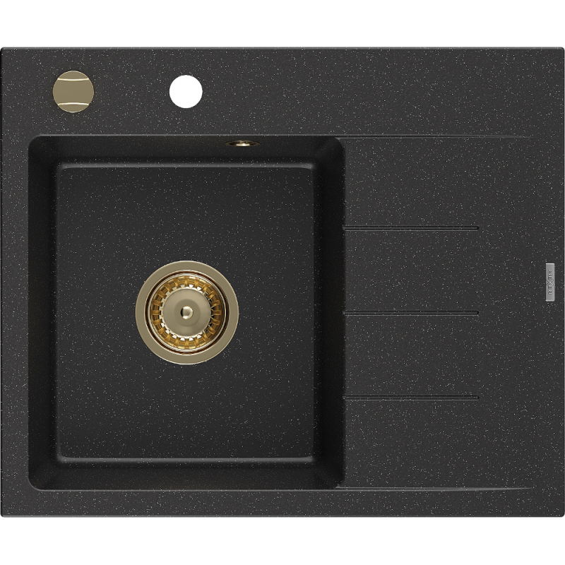 Mexen Ben granitový jednodřez s odkapávačem, levý 600 x 500 mm, černý/stříbrný metalický sifon zlatý