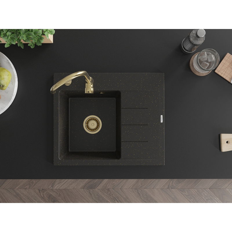Mexen Ben granitový dřez s jednou komorou a odkapávačem, levý 600 x 500 mm, černý/zlatý metalík, sifon zlatý