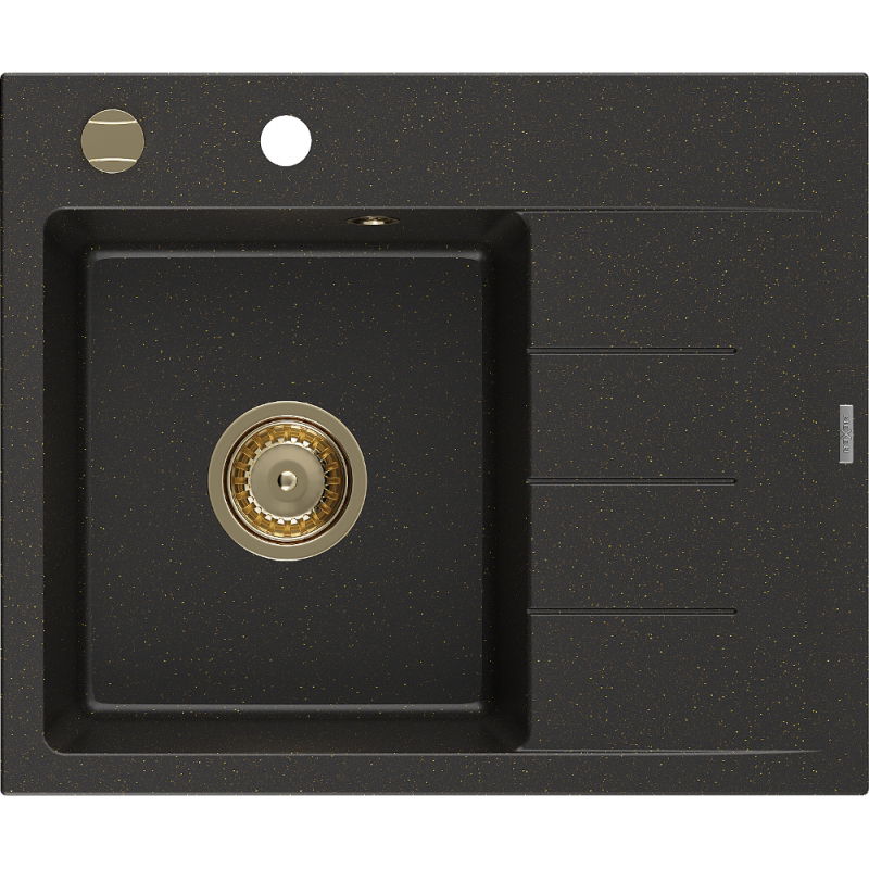 Mexen Ben granitový dřez s jednou komorou a odkapávačem, levý 600 x 500 mm, černý/zlatý metalík, sifon zlatý