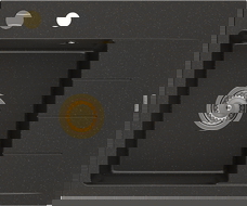 Mexen Ben granitový dřez s jednou komorou a odkapávačem, levý 600 x 500 mm, černý/zlatý metalík, sifon zlatý