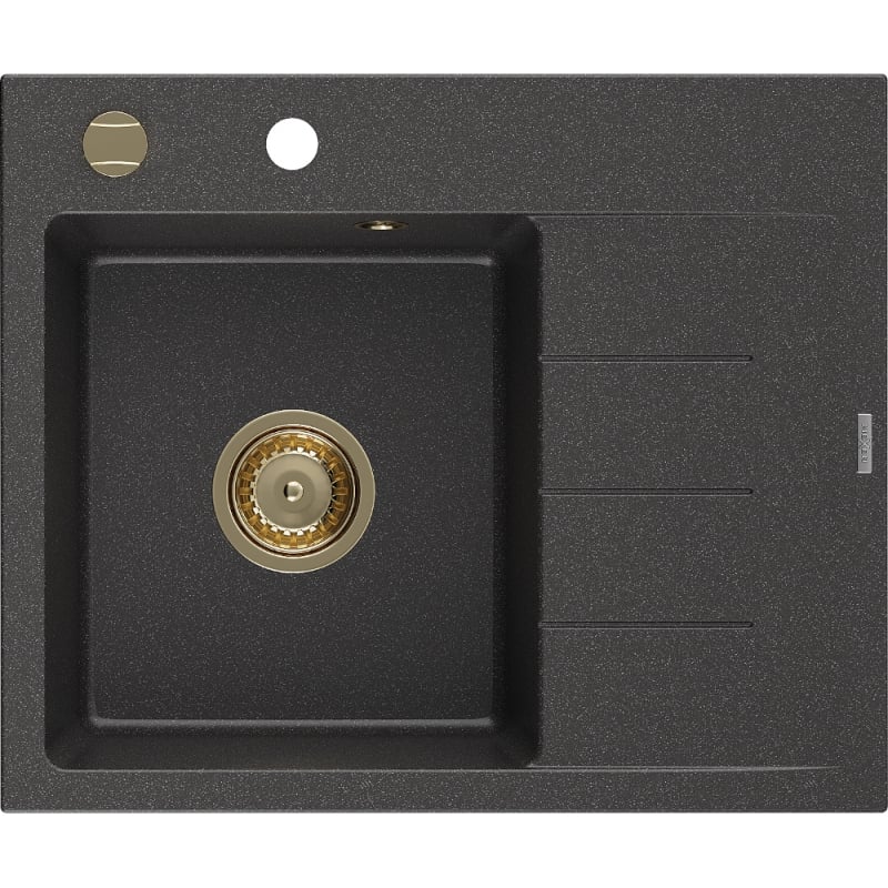 Mexen Ben granitový dřez 1-komorový s odkapávačem, levý 600 x 500 mm, černý kropený, zlatý sifon - 6522605000-76-G