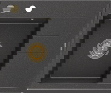 Mexen Ben granitový dřez 1-komorový s odkapávačem, levý 600 x 500 mm, černý kropený, zlatý sifon - 6522605000-76-G