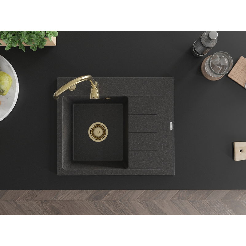 Mexen Ben granitový dřez 1-komorový s odkapávačem, levý 600 x 500 mm, černý kropený, zlatý sifon - 6522605000-76-G