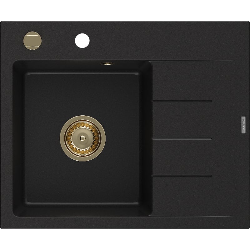 Mexen Ben granitový dřez 1-komorový s odkapávačem, levý 600 x 500 mm, černý, sifon zlatý - 6522605000-77-G