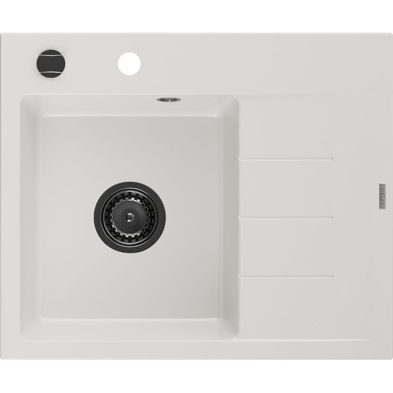 Mexen Ben granitový dřez s 1 komorou a odkapávačem, levý 600 x 500 mm, bílý, černý sifon - 6522605000-20-B