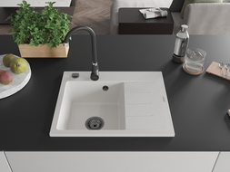 Mexen Ben granitový dřez s 1 komorou a odkapávačem, levý 600 x 500 mm, bílý, černý sifon - 6522605000-20-B