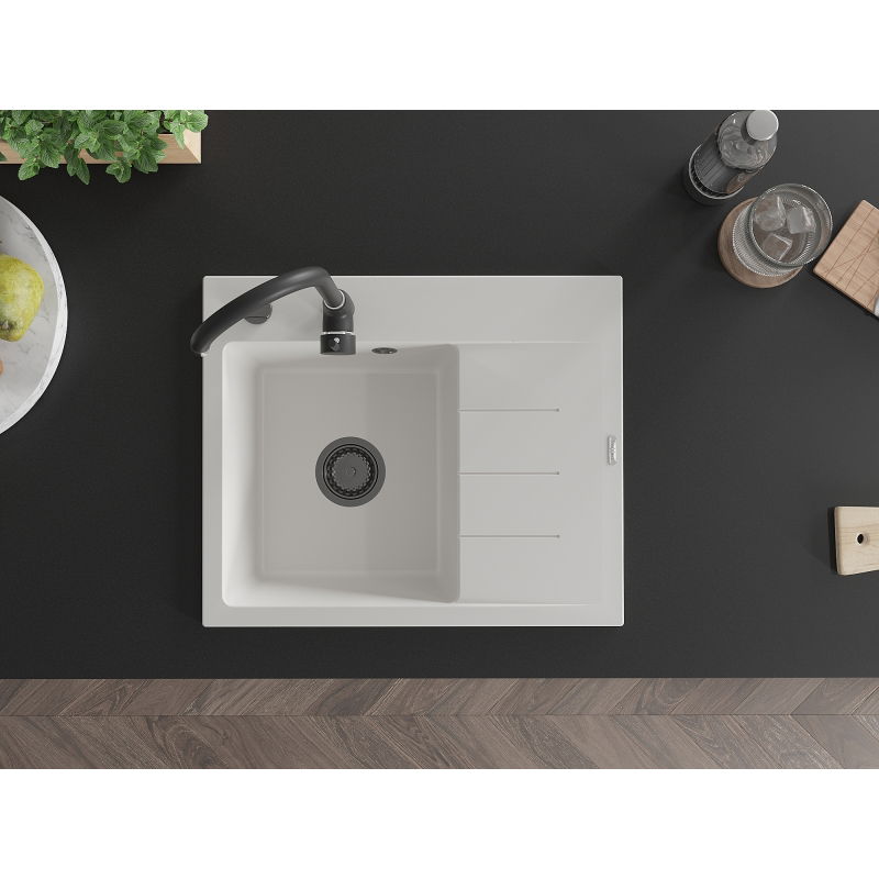 Mexen Ben granitový dřez s 1 komorou a odkapávačem, levý 600 x 500 mm, bílý, černý sifon - 6522605000-20-B